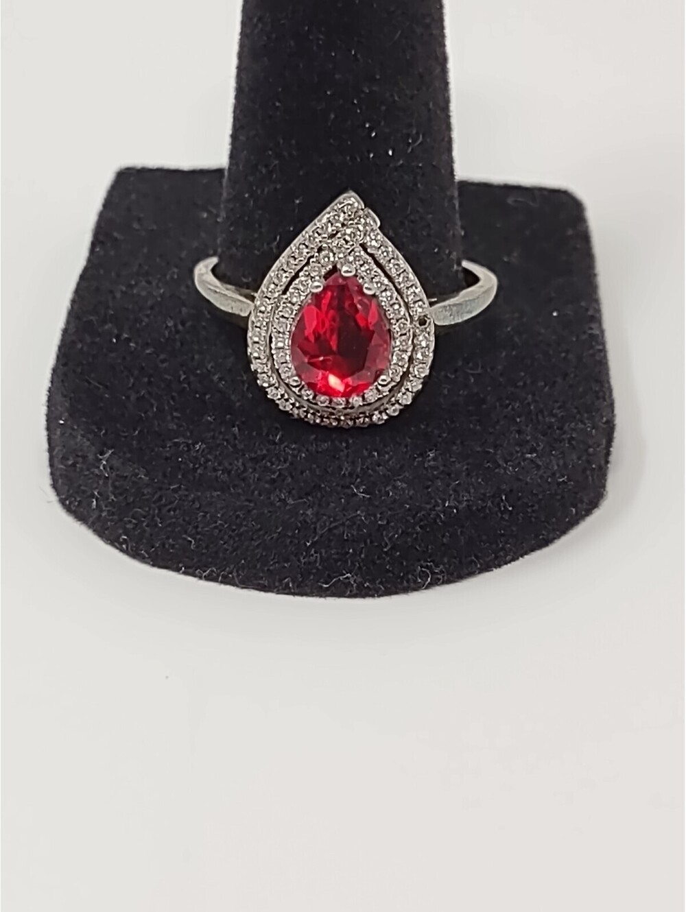 925 Sterling Silver Red Pear CZ Halo Ring Size 10